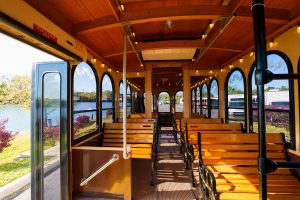 Wooden benches in a car interior - PST Trolley