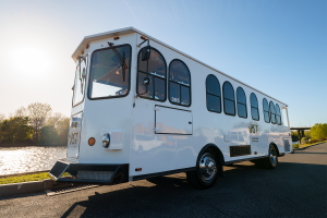 A white bus parked on the side of the road - PST Trolley